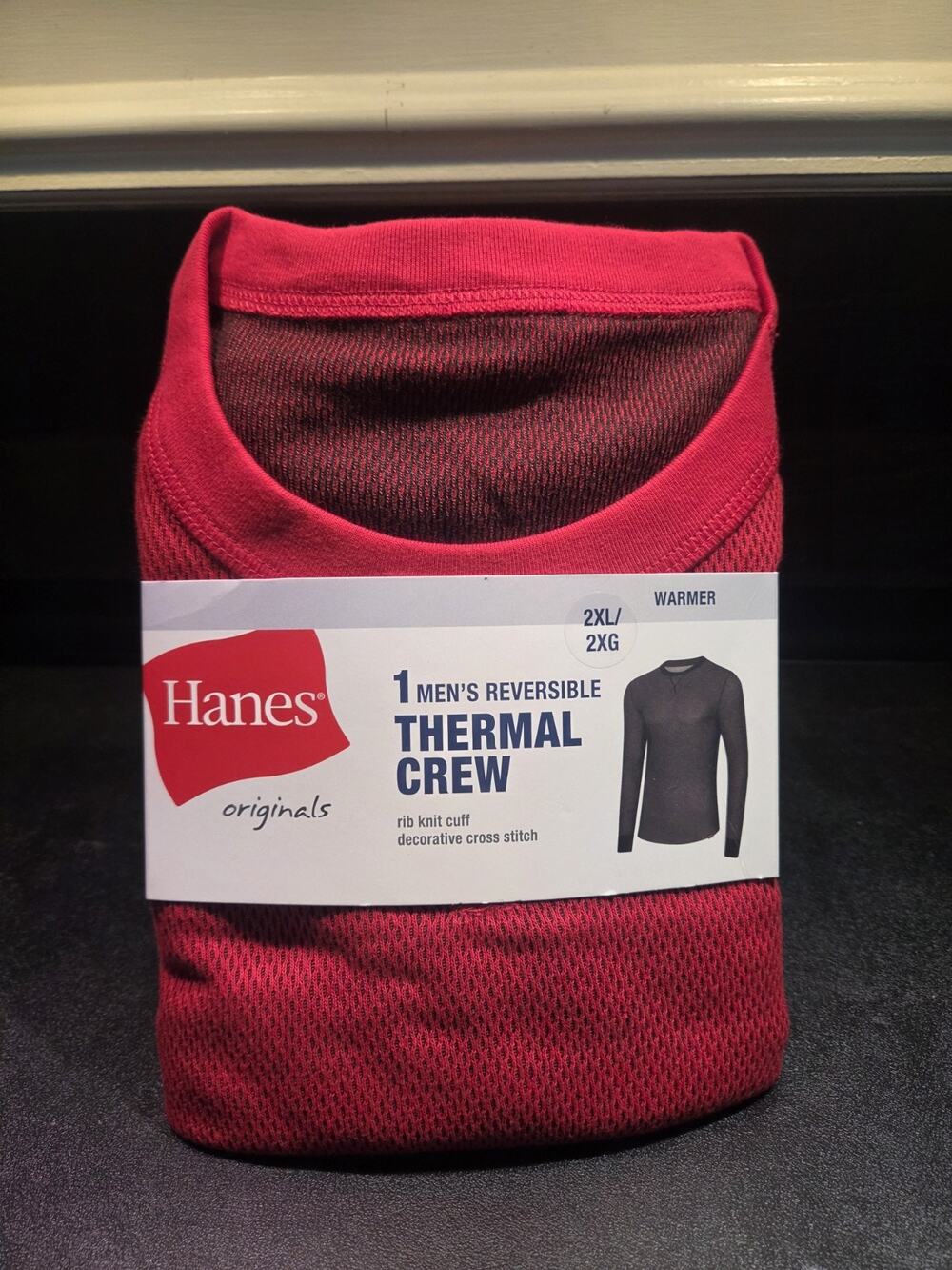 Hanes Men’s Red Reversible Thermal Crew Top Long Sleeve Shirt 2 XL Rib Knit Cuff